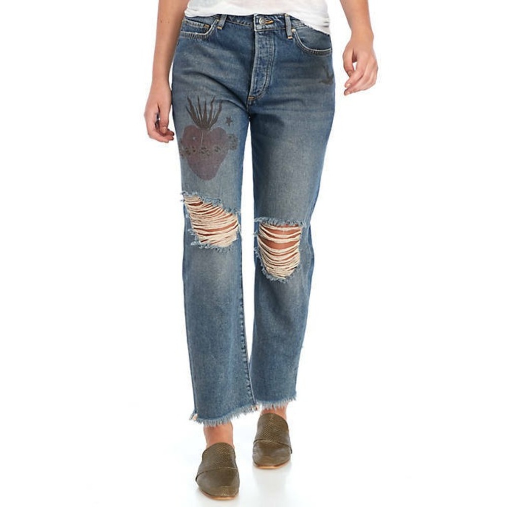 Free people Printed Jeans Mid Rise Straight Leg Denim Distressed Baggy Sz 26